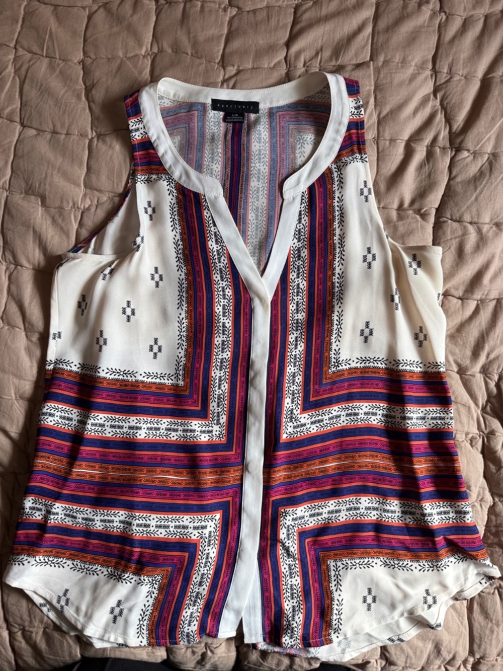 Sanctuary White Sleeveless Geometric Stripe V-Neck Top - Purple & Red Accents